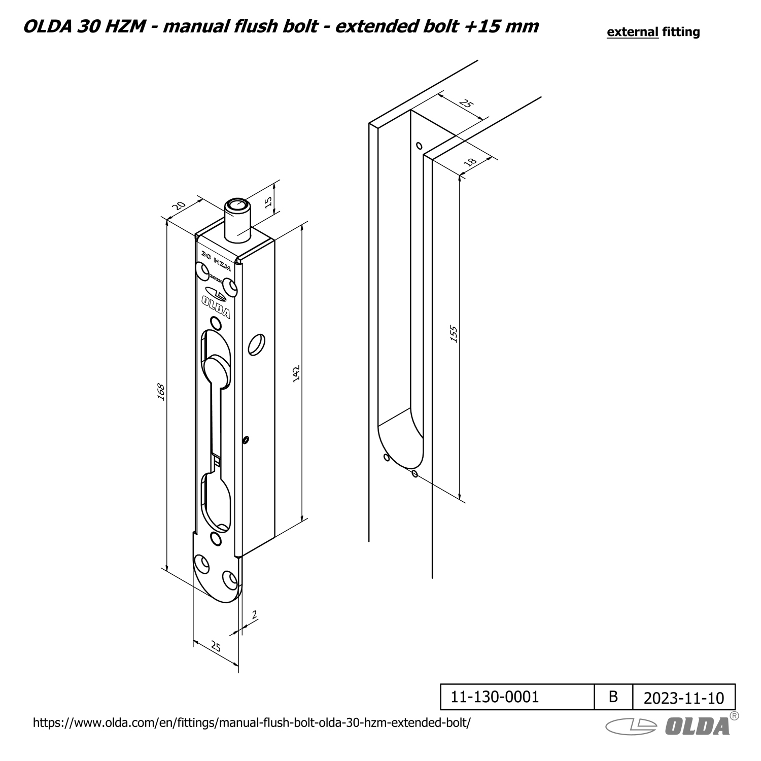 Manual flush bolt <br>OLDA 30 HZM - with extended bolt