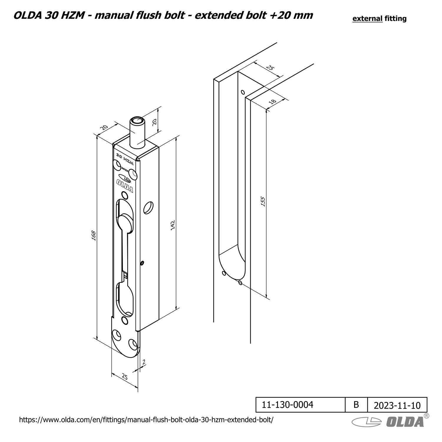 Manual flush bolt <br>OLDA 30 HZM - with extended bolt
