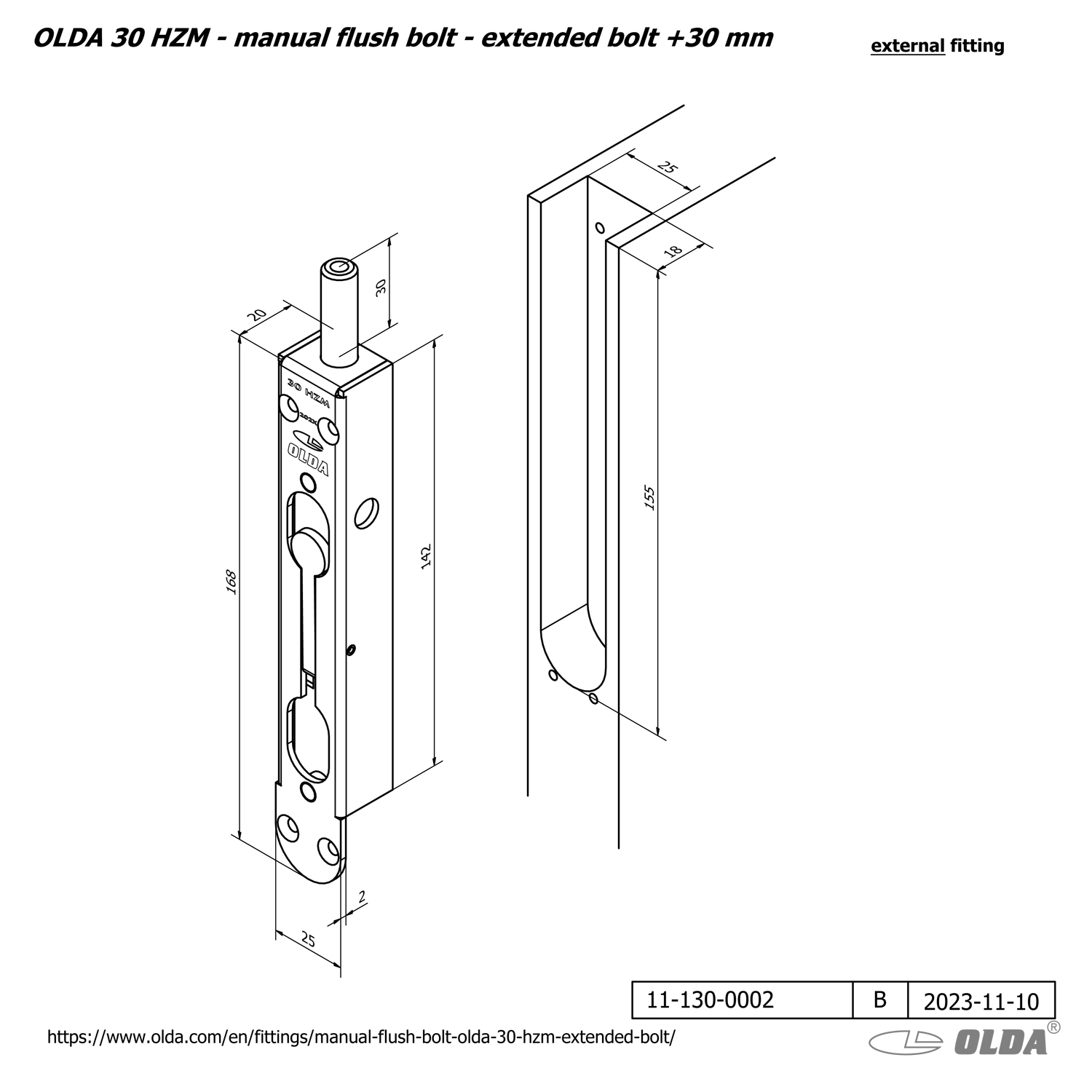 Manual flush bolt <br>OLDA 30 HZM - with extended bolt