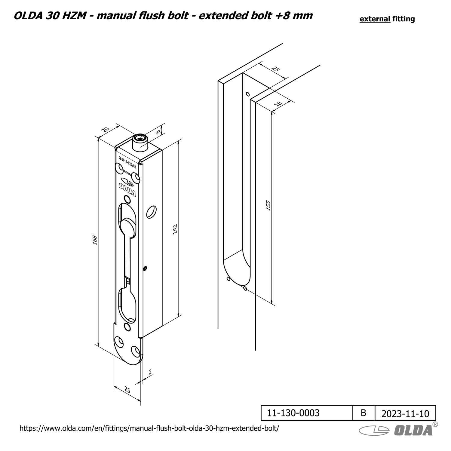 Manual flush bolt <br>OLDA 30 HZM - with extended bolt