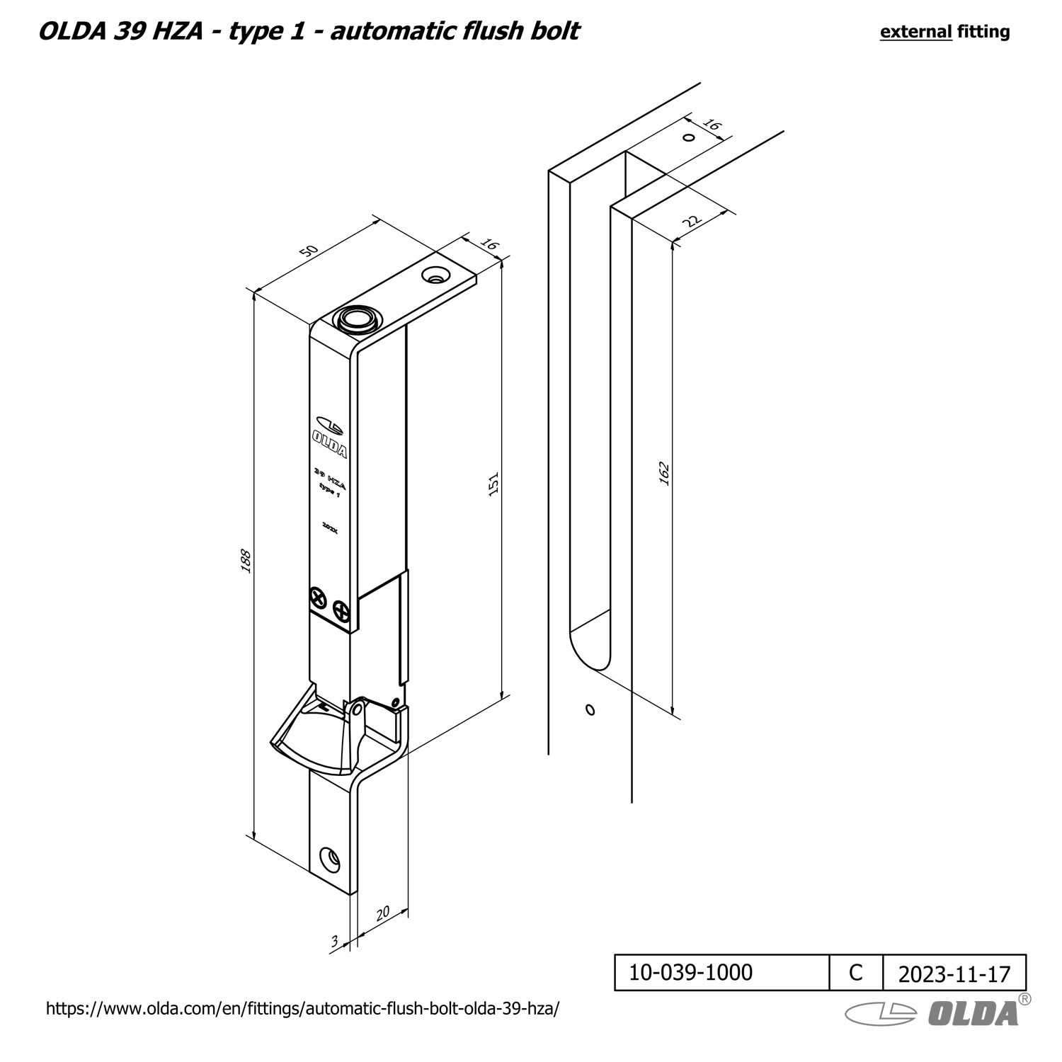 Automatic flush bolt <br>OLDA 39 HZA