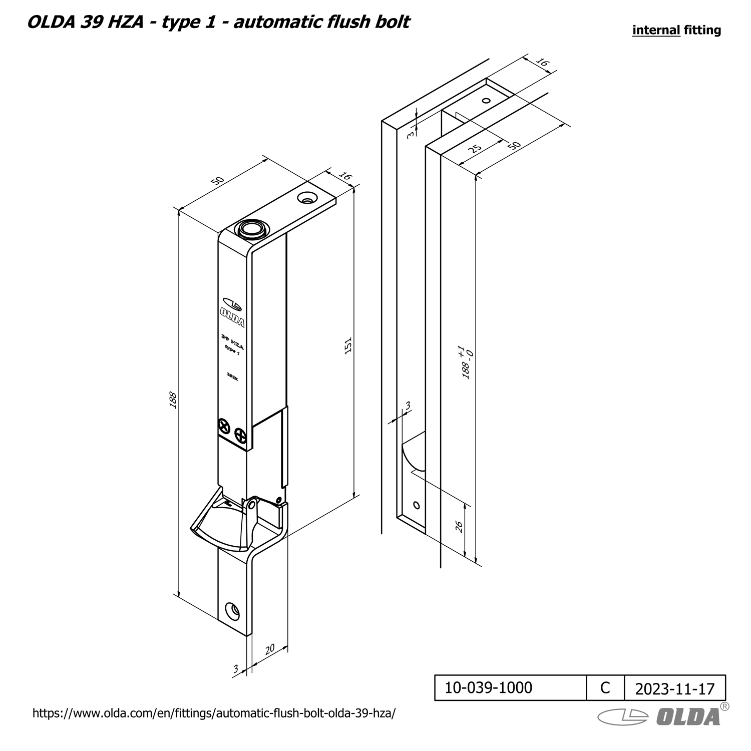 Automatic flush bolt <br>OLDA 39 HZA